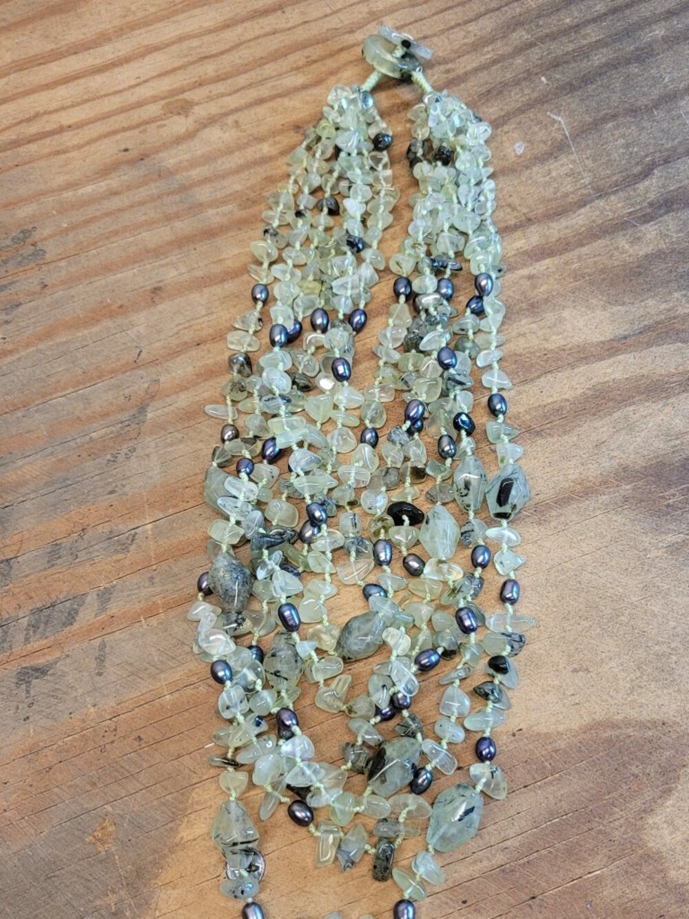 925 Multi-Strand Tourmalinated Prehnite & Peacock Pearl Necklace Vintage